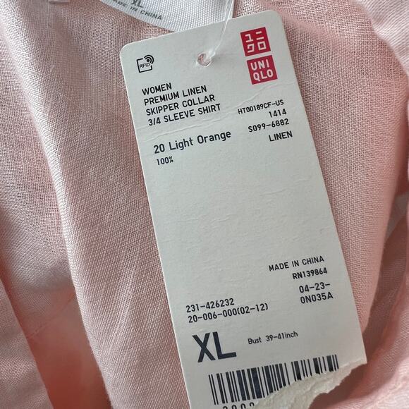 UNIQLO Pink Top Linen Skipper Collar 3/4 Sleeve Drop Shoulder Sz X-Large XL NEW - Picture 8 of 10